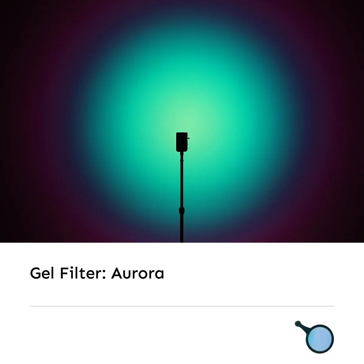Hobolite Iris Aurora gel filter casting teal to purple gradient light on dark background.