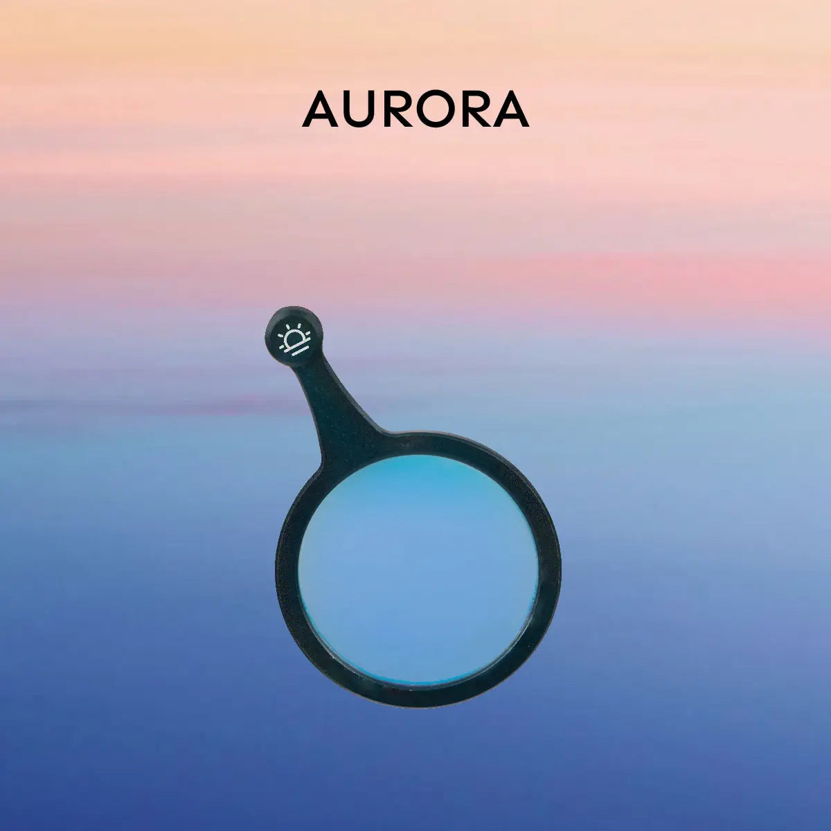 Hobolite Iris Aurora gel filter with light blue lens and black handle on pink and blue gradient background.