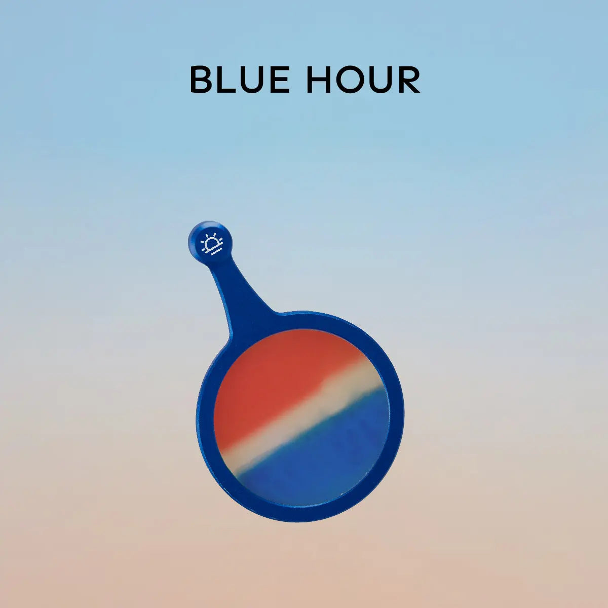 Hobolite Iris Blue Hour gel filter with blue handle and gradient red-white-blue lens, perfect for creative lighting effects.