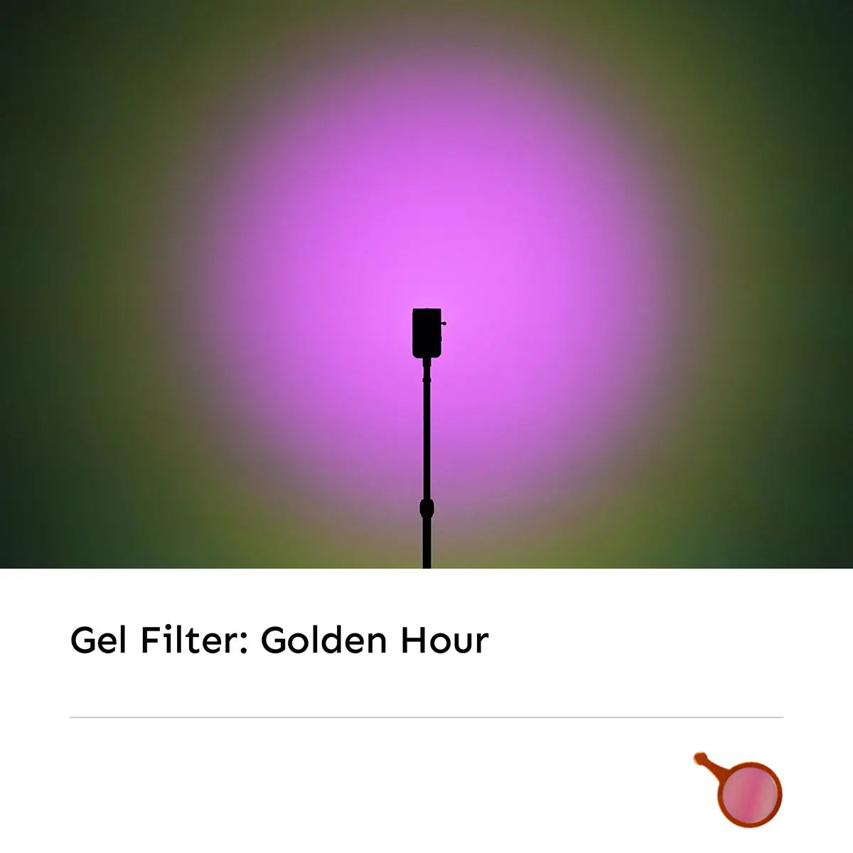 Hobolite Golden Hour gel filter showing magenta light effect on green gradient background.