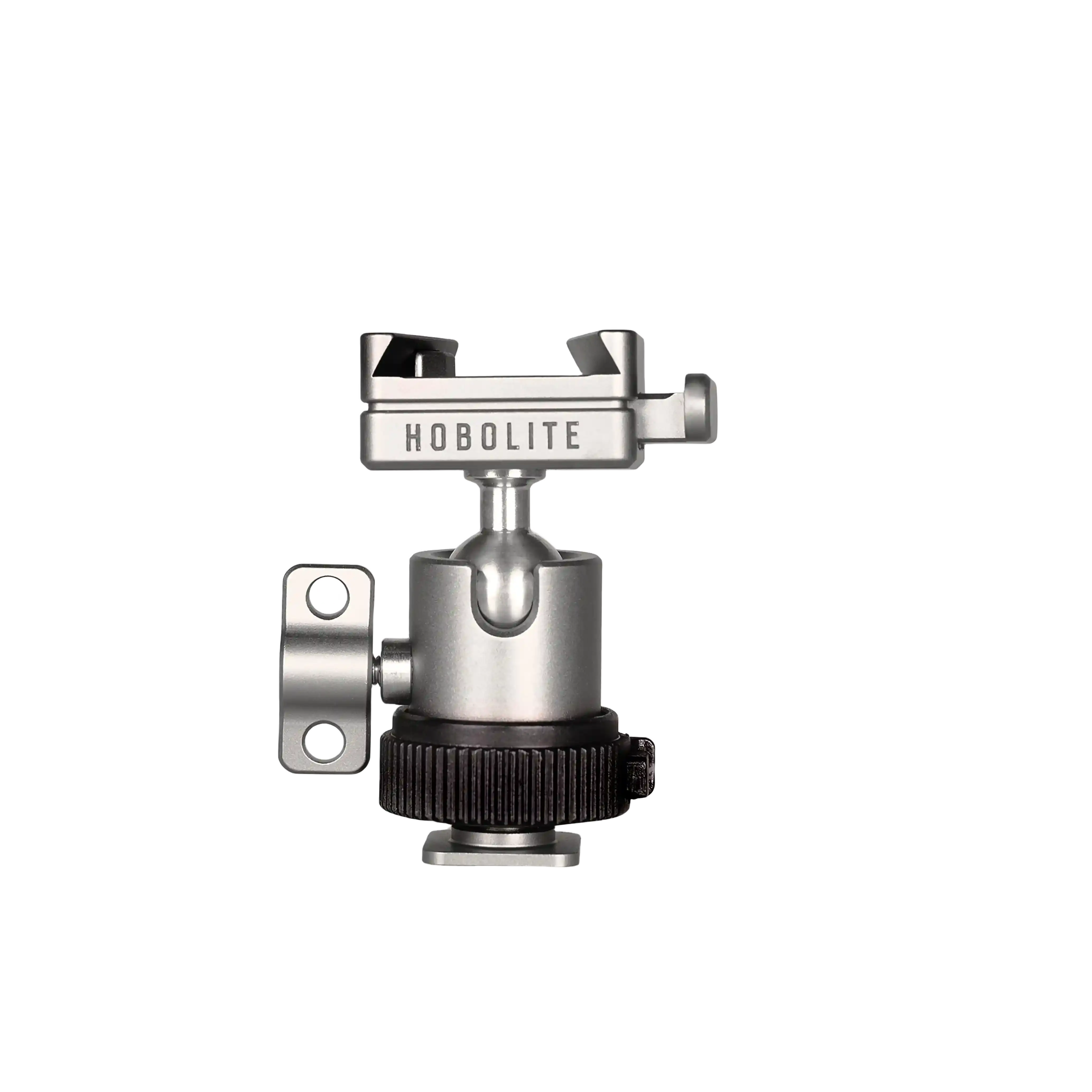Hobolite ball head mount with silver metal clamp and ball joint for lighting positioning.