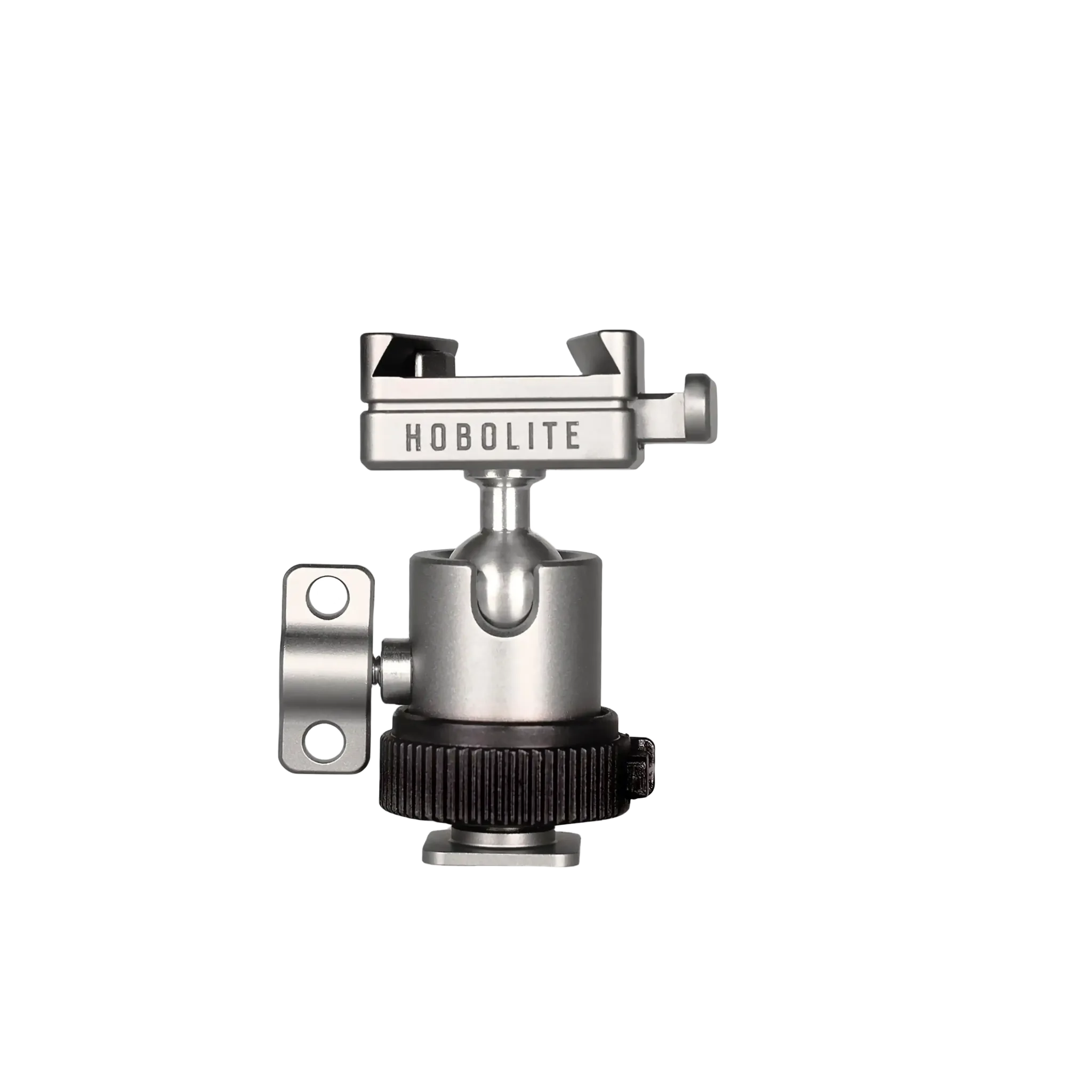 Hobolite ball head mount with silver metal clamp and ball joint for lighting positioning.