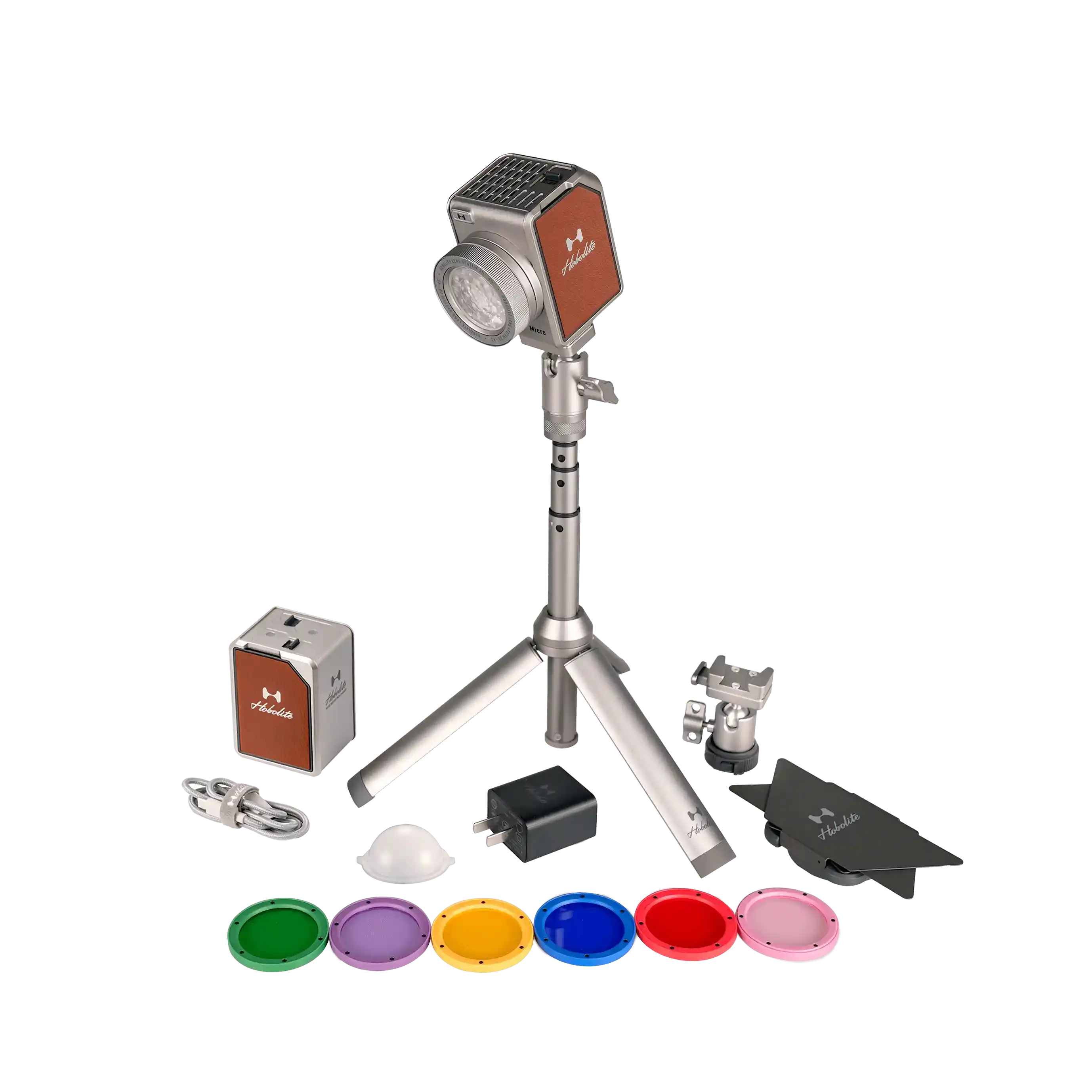 Hobolite Micro 8W Bi-Color LED lighting kit with tripod, batteries, charging dock, and color filters.