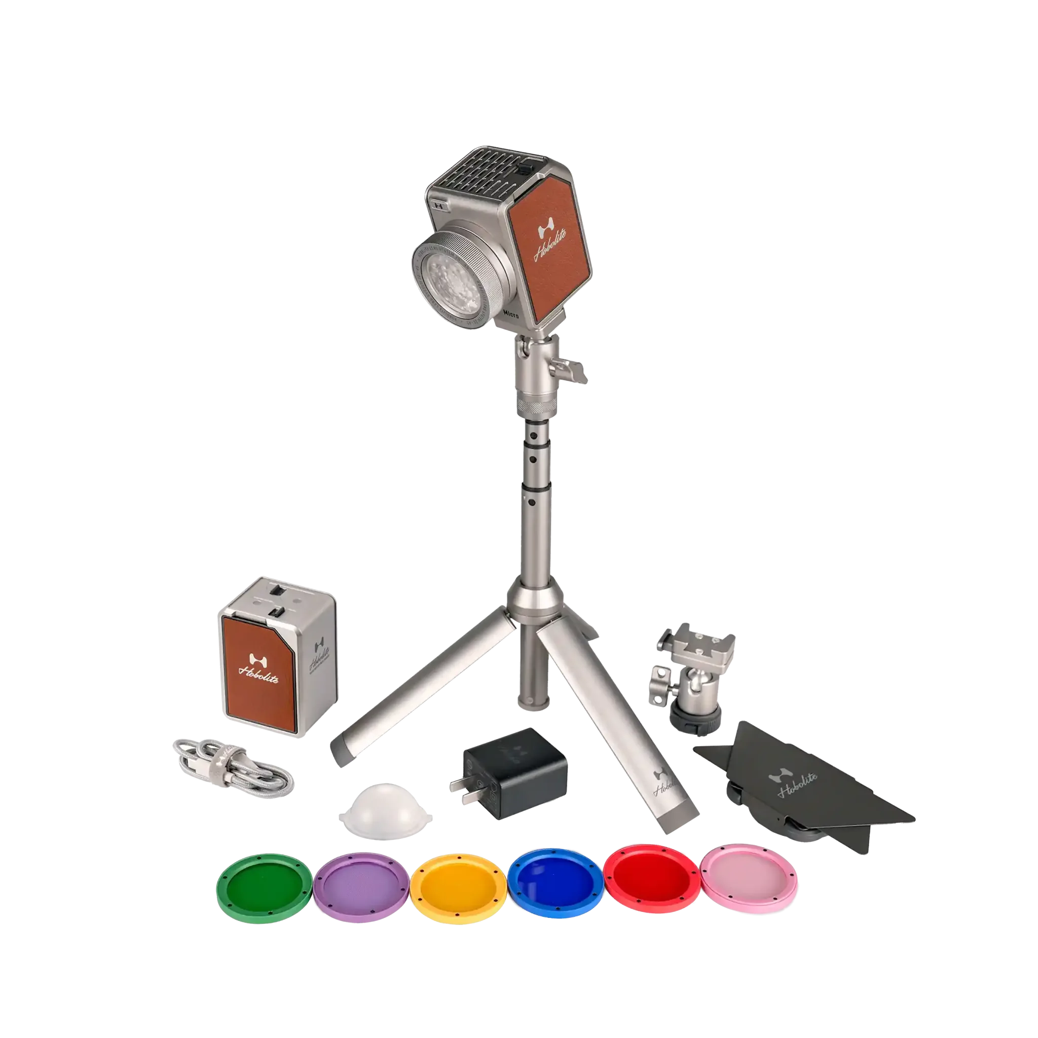 Hobolite Micro 8W Bi-Color LED lighting kit with tripod, batteries, charging dock, and color filters.