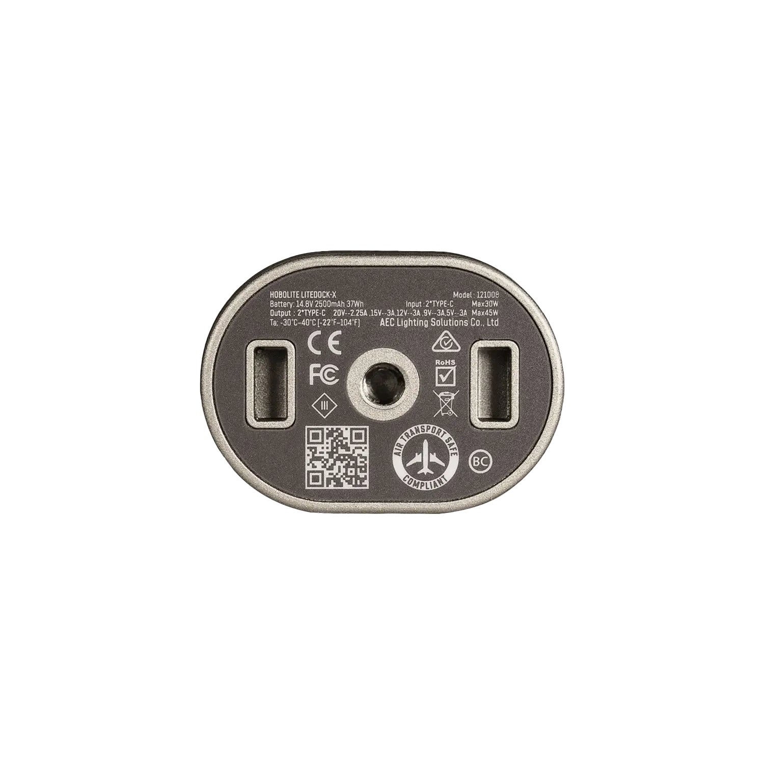 Hobolite LiteDock-X: top view, silver aluminum body, dark grey base with two USB-C ports, mounting screw, and certifications.