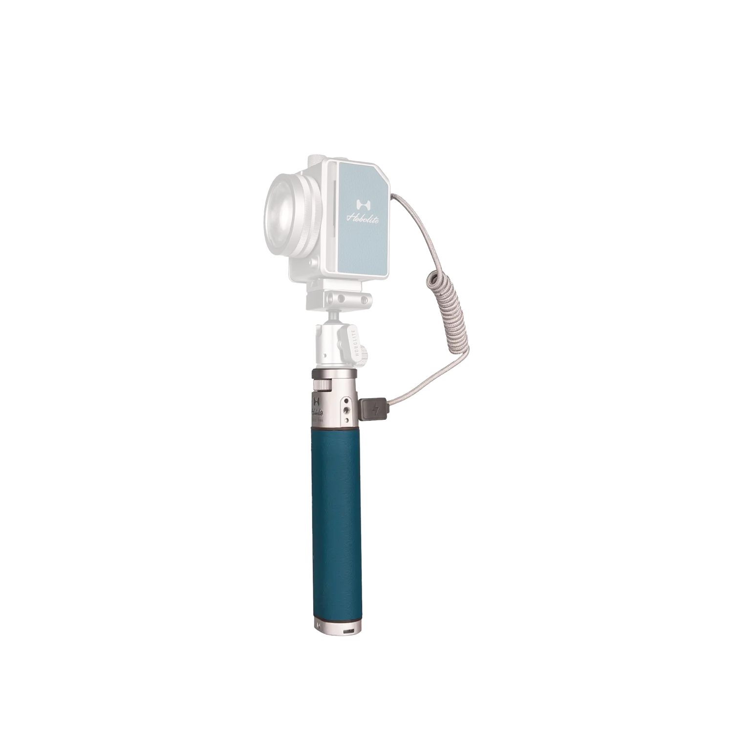 Hobolite LiteDock-X camera power station with teal grip, silver body, and coiled power cable for portable photography lighting.