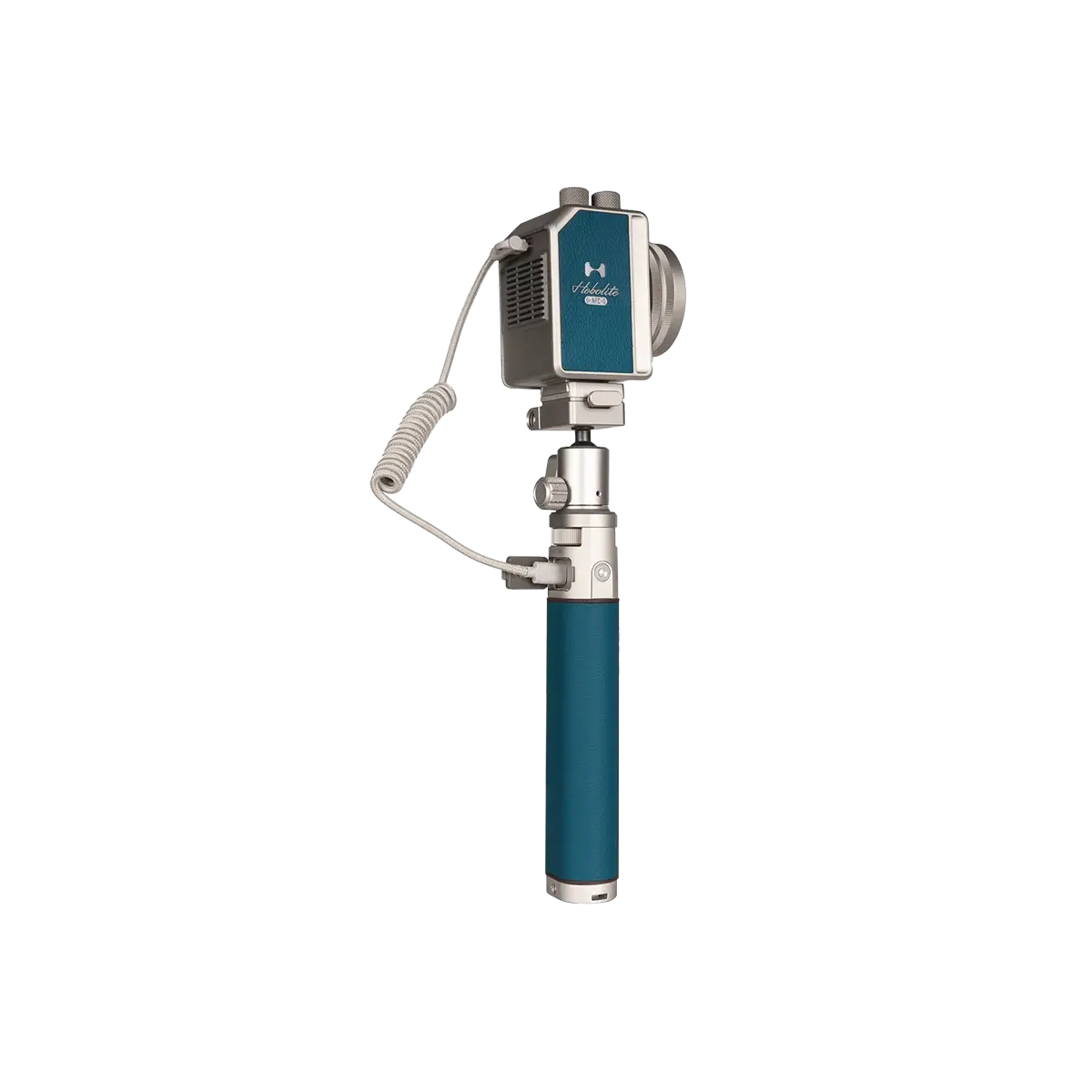 Hobolite LiteDock-X teal & silver portable power station with ballhead mount, coiled cable.