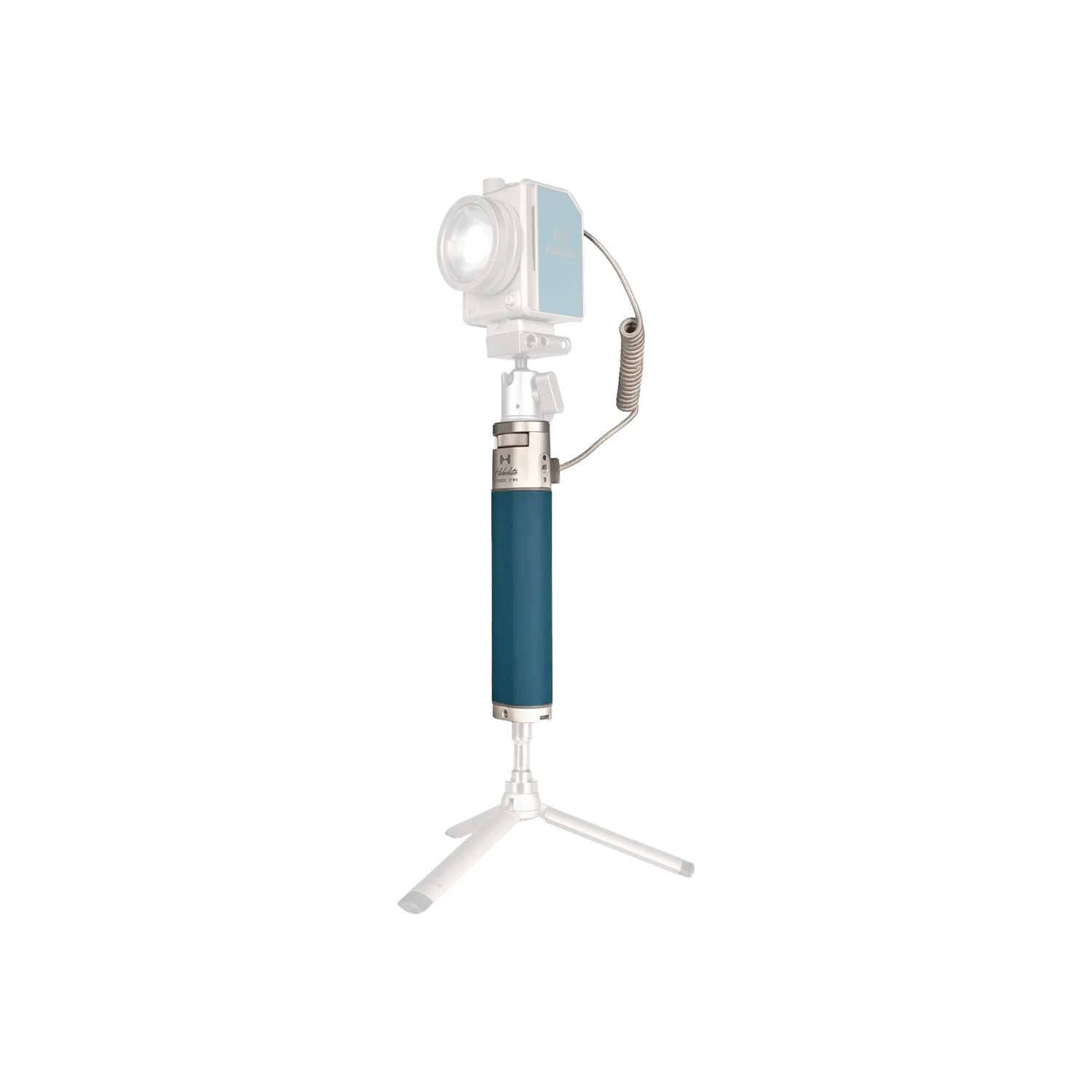 Hobolite LiteDock-X portable power station with teal body and silver accents on tripod, powering a light.