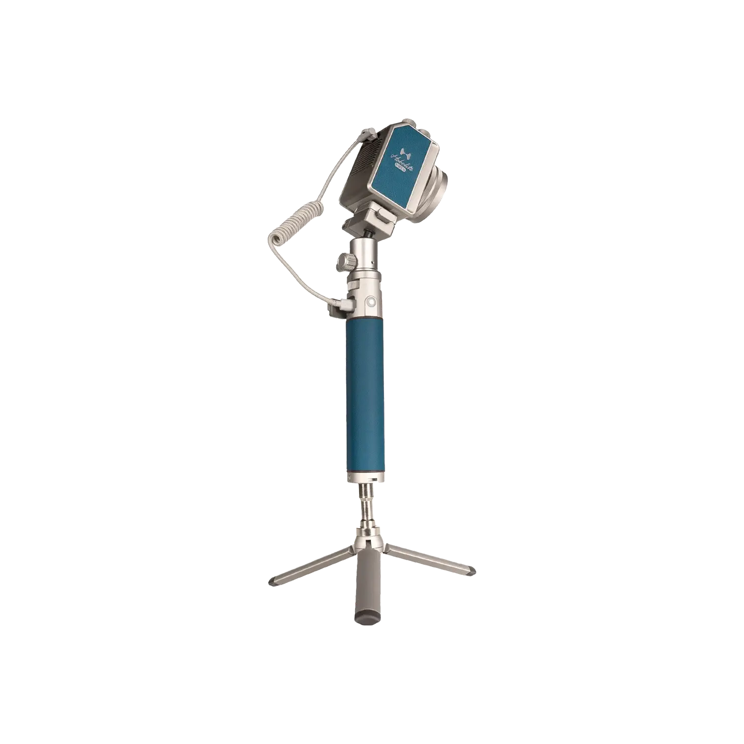 Hobolite LiteDock-X portable LED light charging dock with extendable tripod and adjustable mounting, teal and silver design.