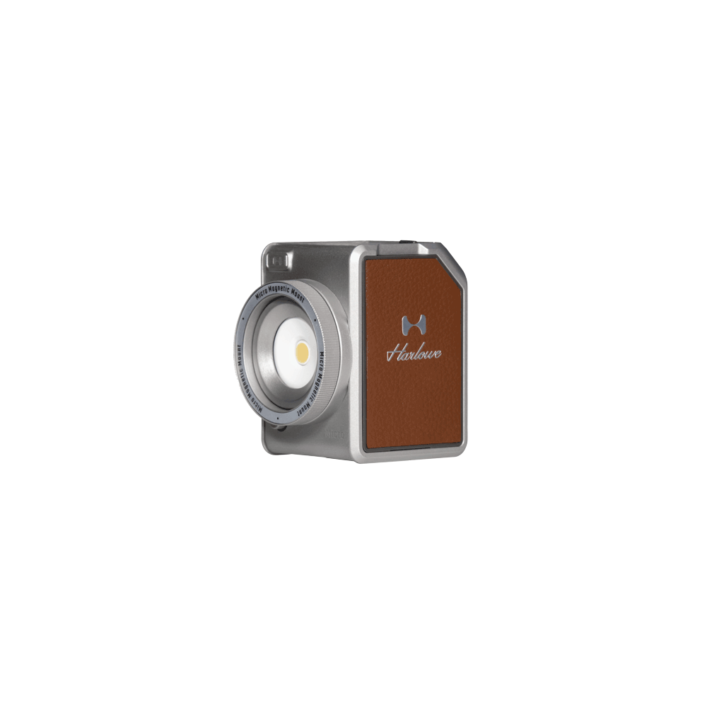 Hobolite Micro 8W LED light with silver body, brown leather panel, and Harlowe logo, product appearance.