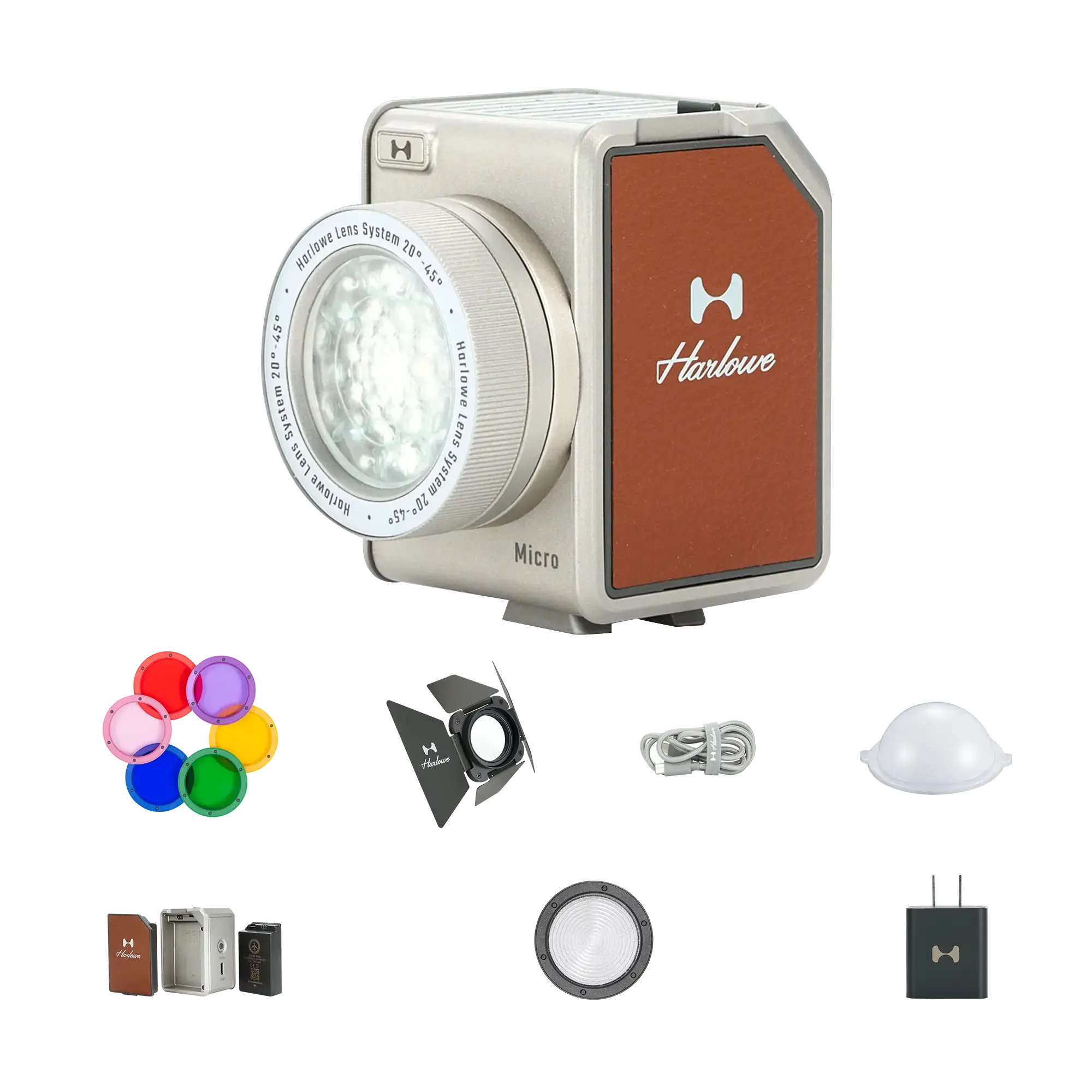 Hobolite Micro LED kit: light, lens, barn doors, diffuser, charging dock, batteries, cable, adapter, color gels.