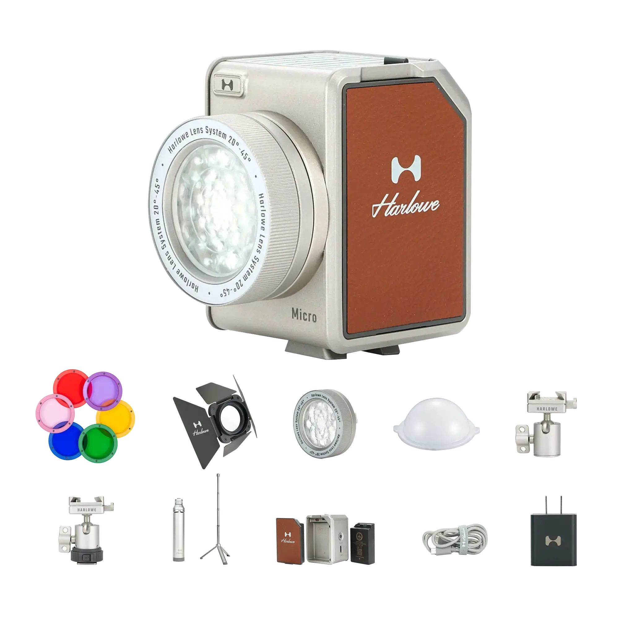Hobolite Micro 8W LED kit: light, lens, barn doors, diffuser, mount, batteries, charger, cable, filters.