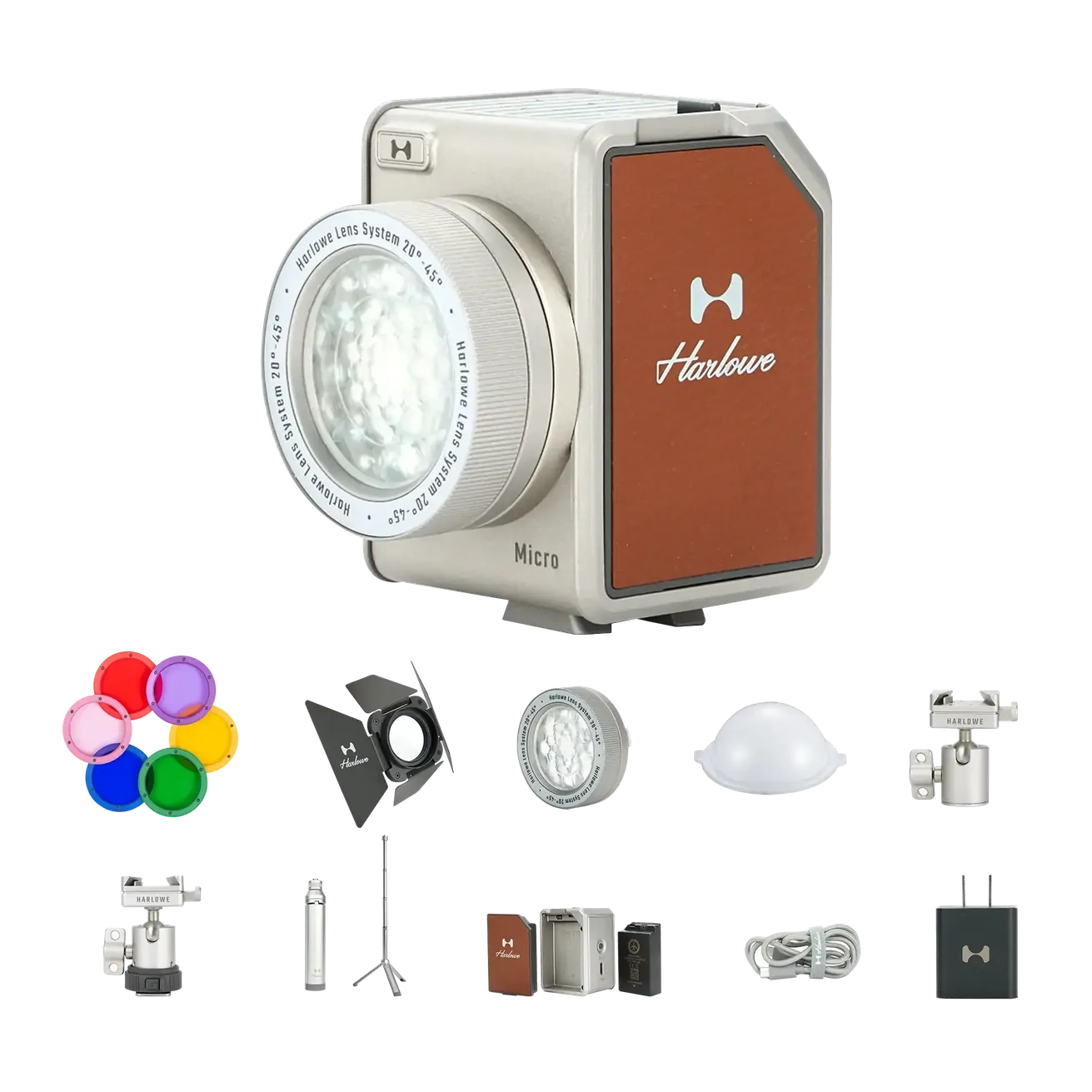 Hobolite Micro 8W LED kit: light, lens, barn doors, diffuser, mount, batteries, charger, cable, filters.