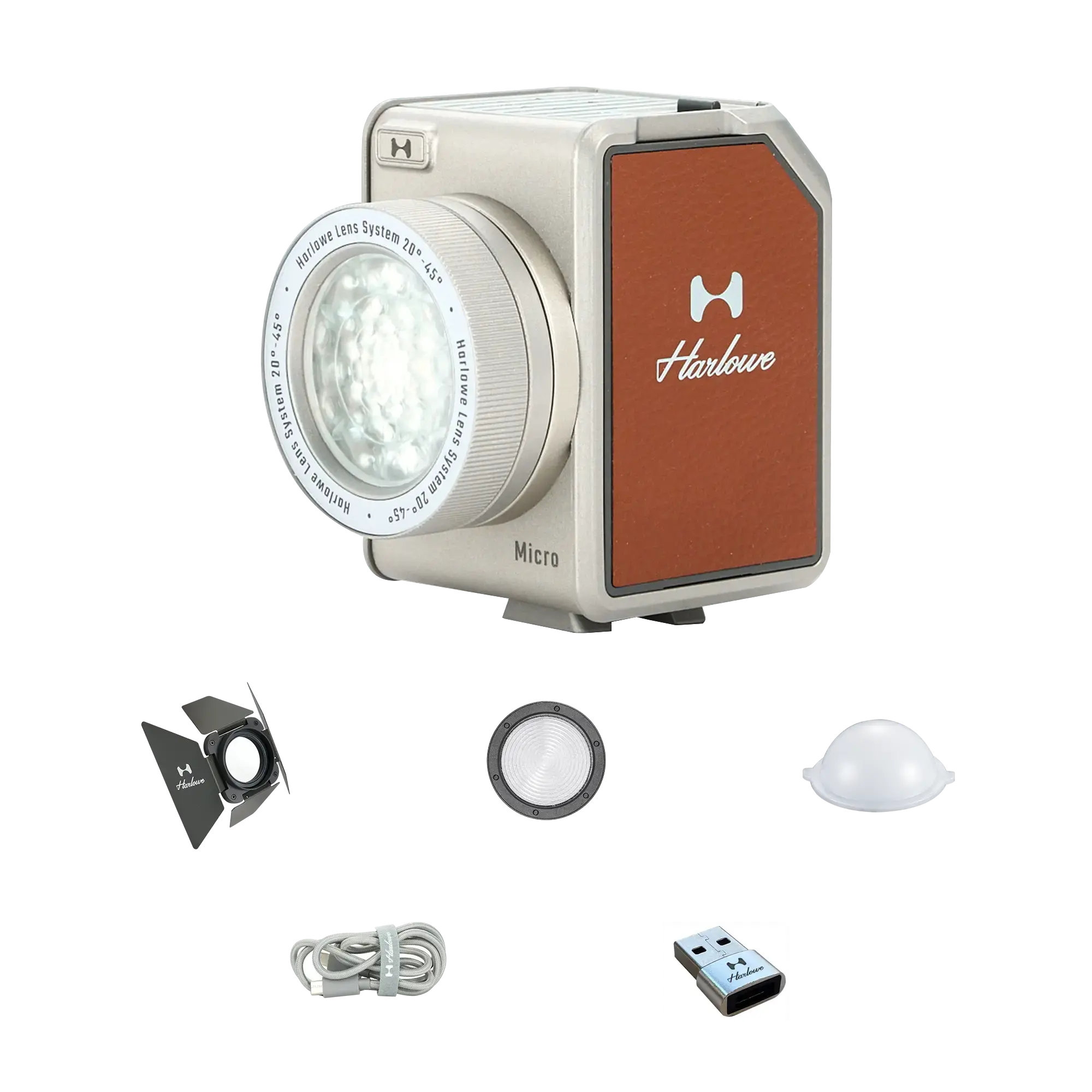Hobolite Micro 8W Bi-Color LED light kit with lens system, barn door, diffuser, charging cable, and USB adapter.