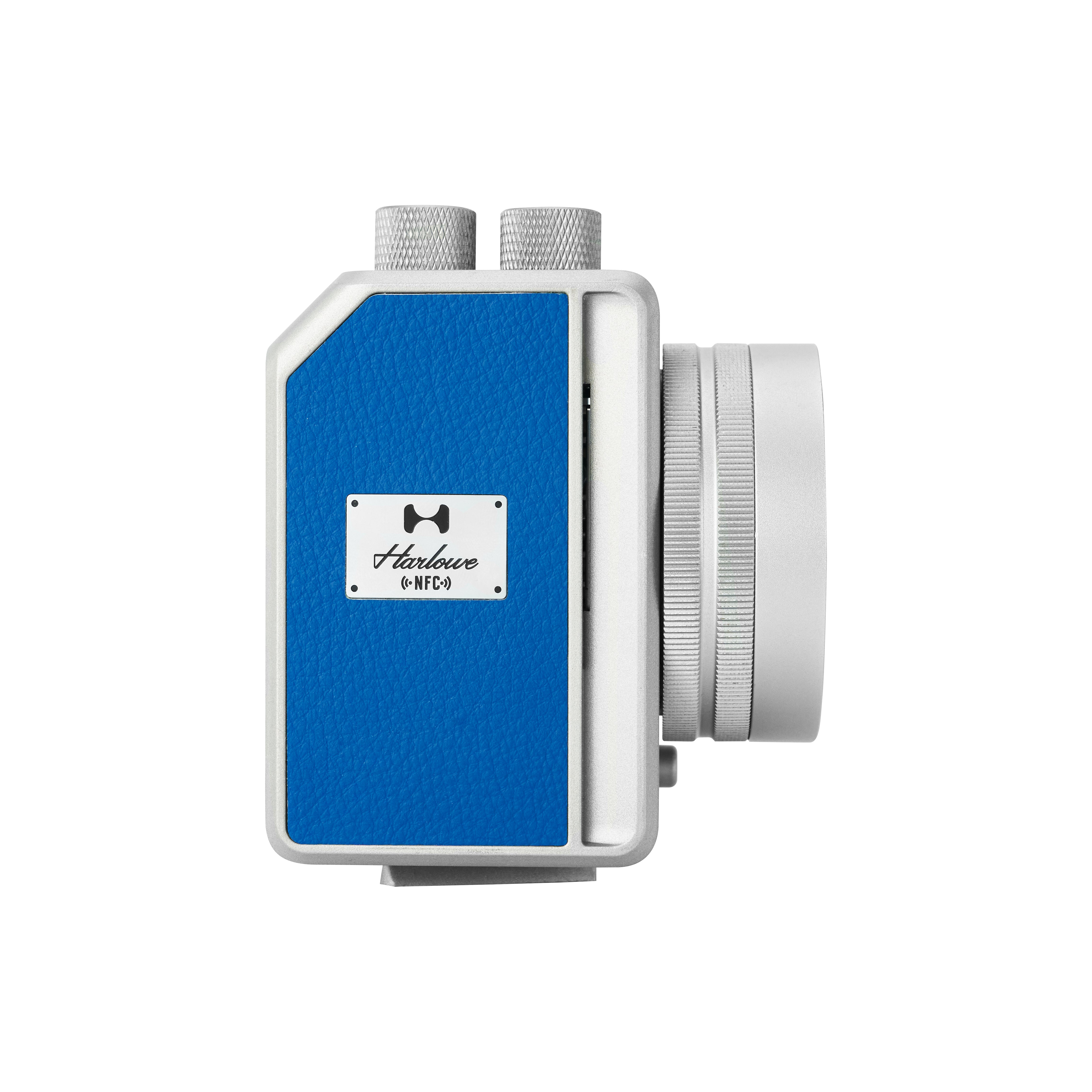 Harlowe Mini II-X 20W Creator Kit blue side panel with focusable lens, right profile on white background.