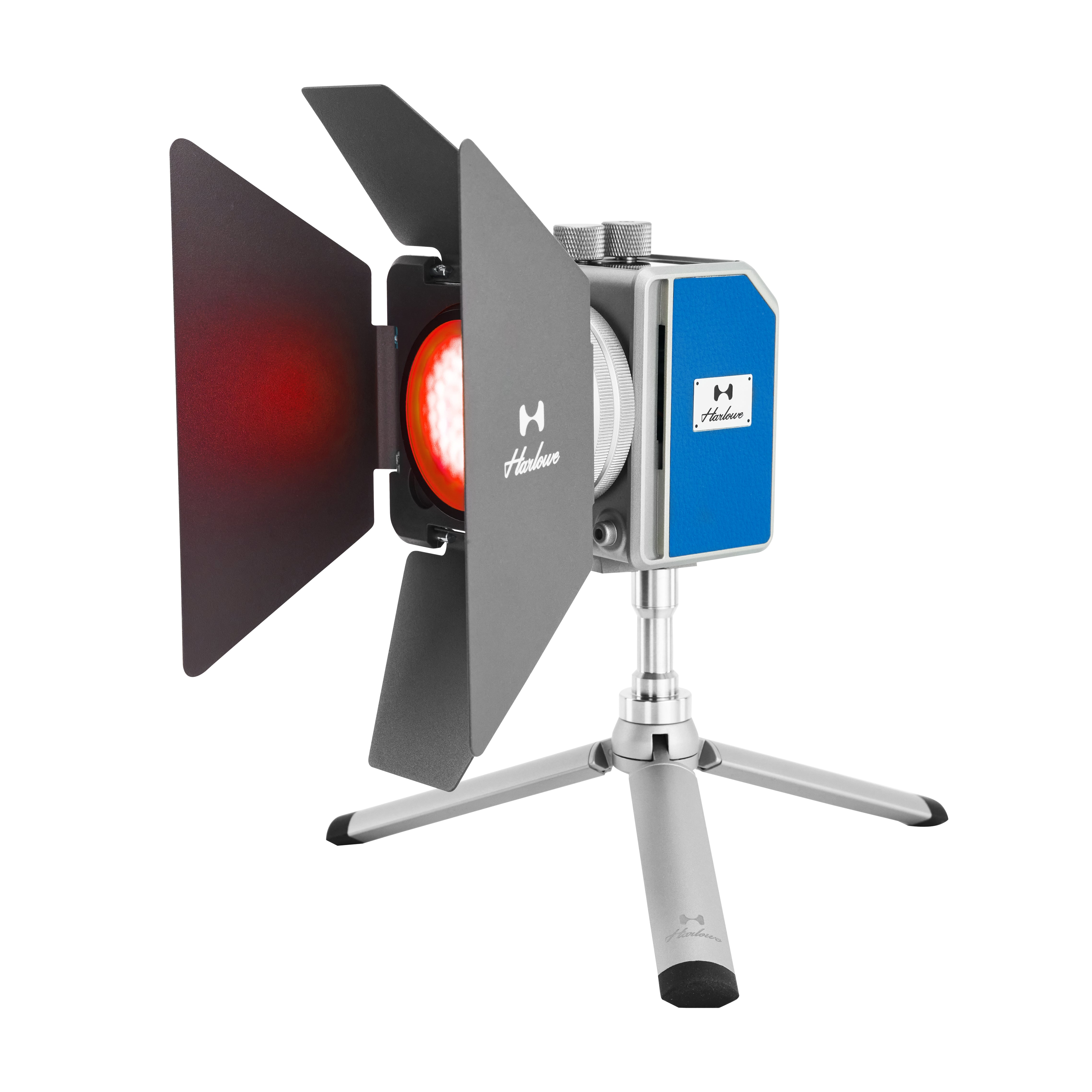 Harlowe Mini II-X Creator Kit with barn doors, desktop stand, and red light effect.