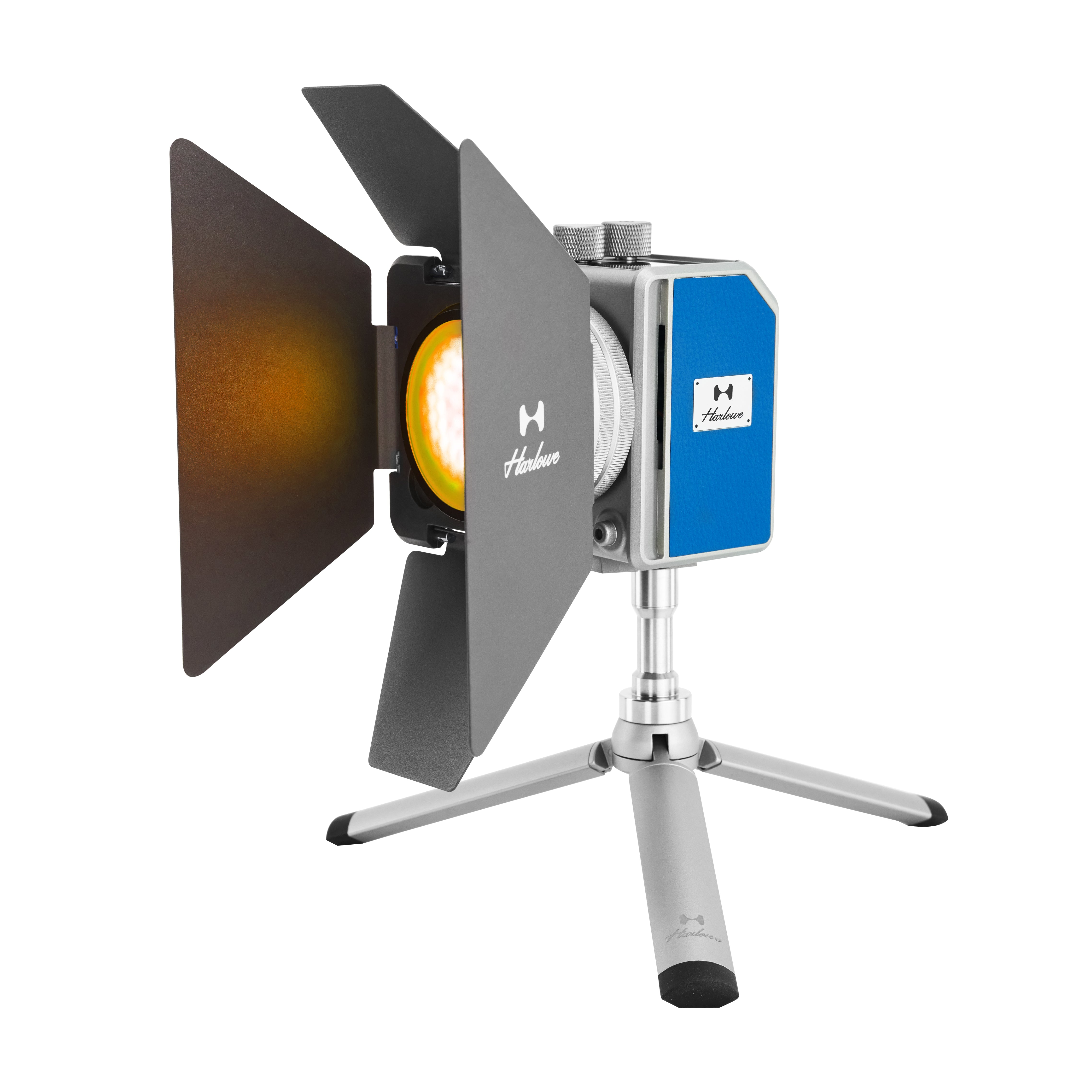 Harlowe Mini II-X Creator Kit with barn doors, desktop stand, and warm light effect.
