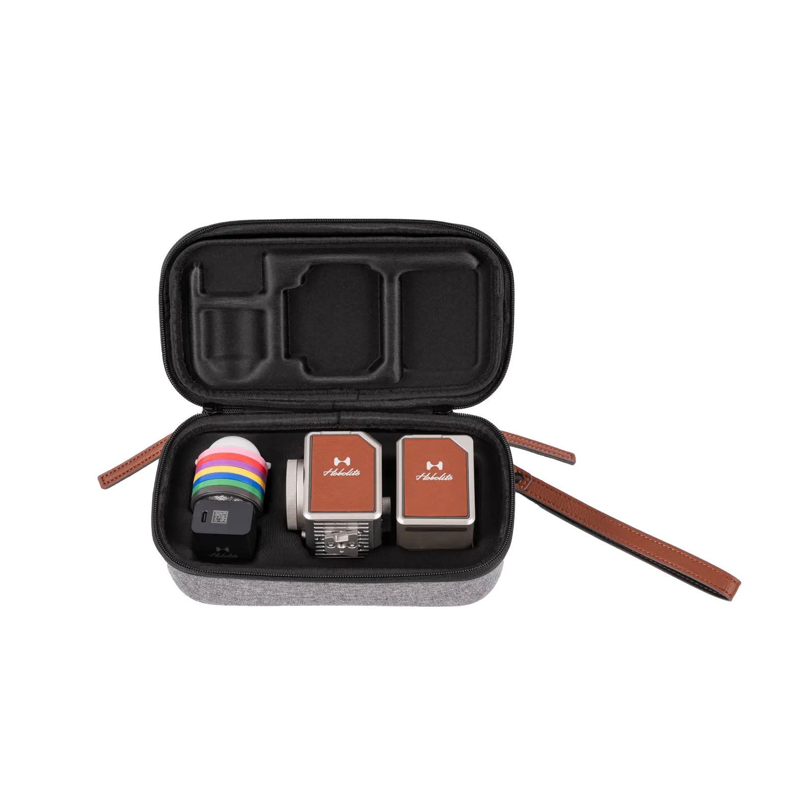 Hobolite Micro LED lighting kit in case with LED light, two batteries, and color rings.