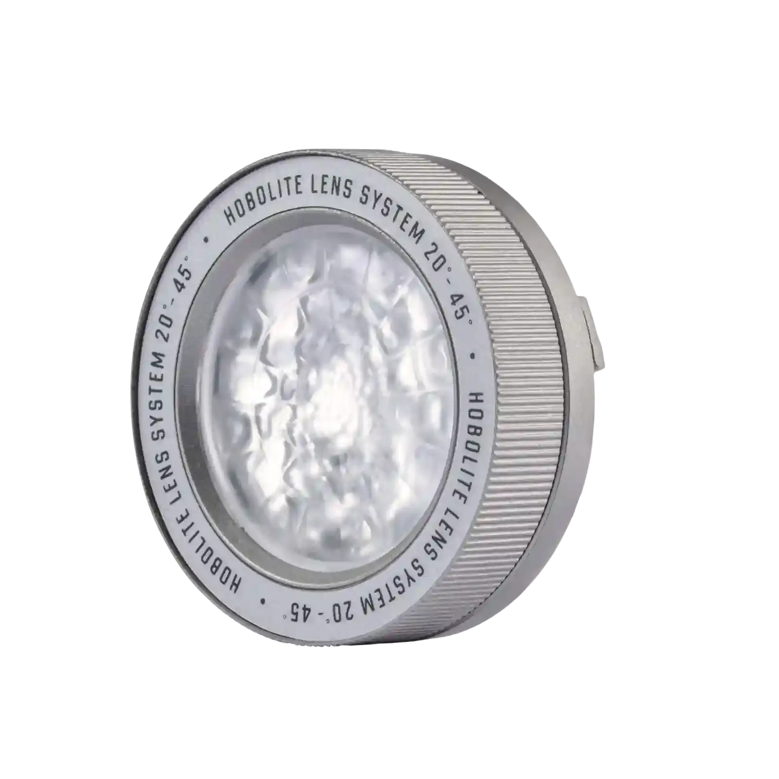 Hobolite Micro Lens System attachment with adjustable 20-45 degree beam angle, silver metal body with textured LED lens.