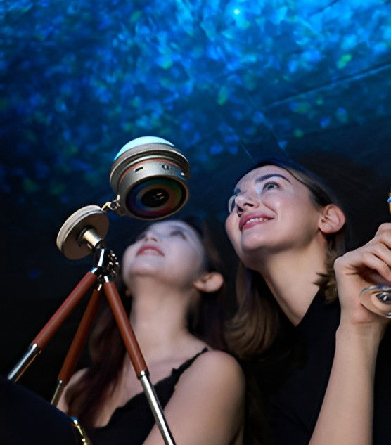 Creators using a compact Harlowe travel light to create immersive ambient lighting on location.