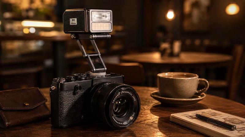 Harlowe Pocket Flash raised on a compact mirrorless camera at a warm cafe table.