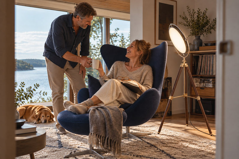 Heritage wooden tripod stand with a Sol 100W round light beside a reading chair in a lakeside living room
