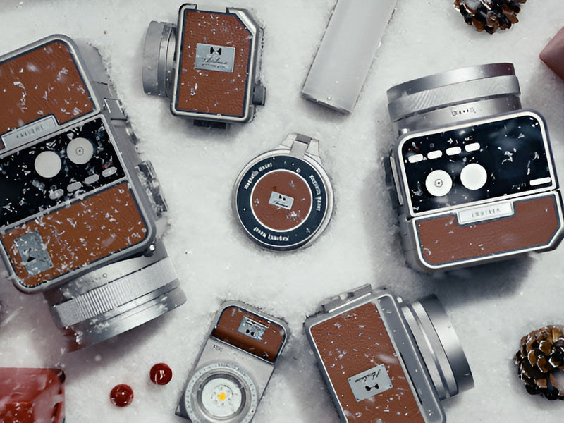 Flat lay of Harlowe LED lights arranged on snow with pinecones, featuring leather-textured panels, magnetic mounts, and compact lighting units in a winter setting.