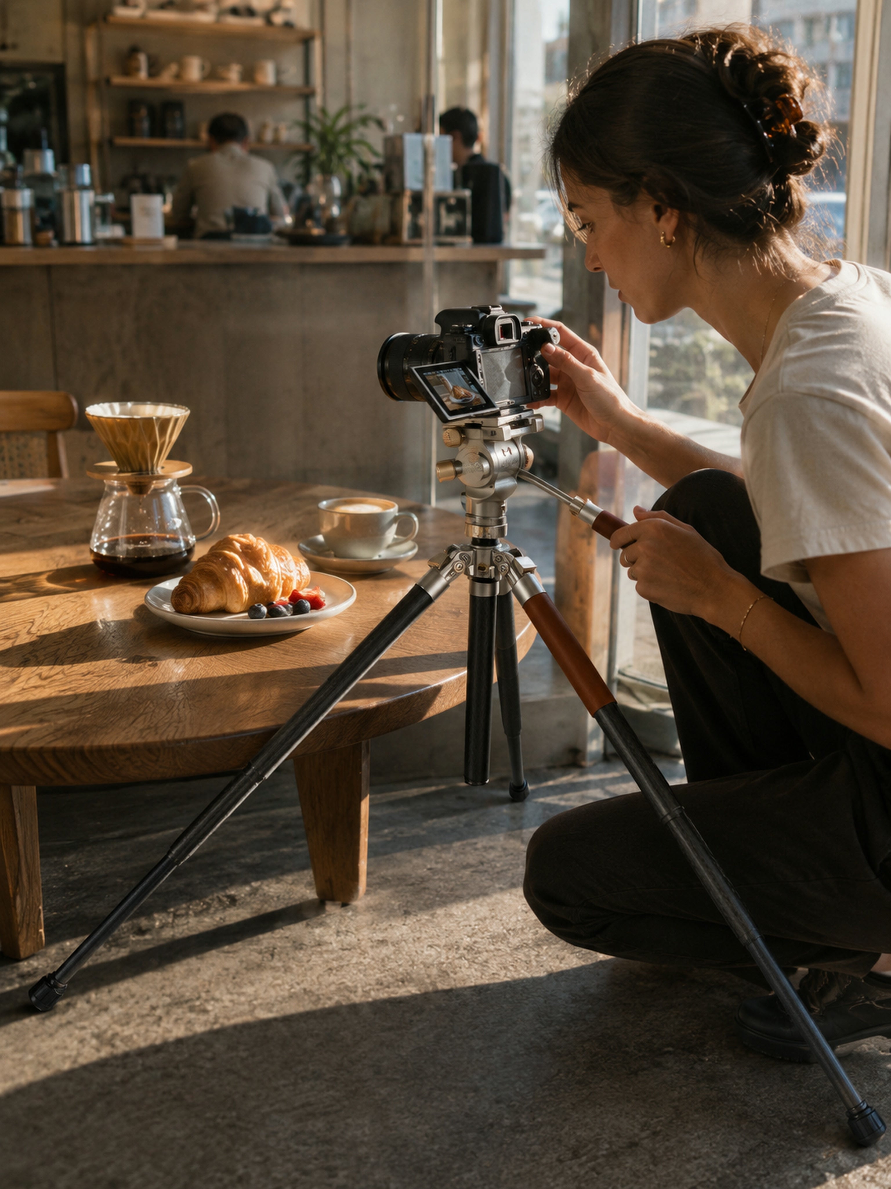 A woman in a white t-shirt and black pants kneels on a concrete floor in a cafe, adjusting a black DSLR camera mounted on a silver tripod. A wooden table in the foreground holds a pour-over coffee dripper, a croissant on a plate, and a cup of coffee.