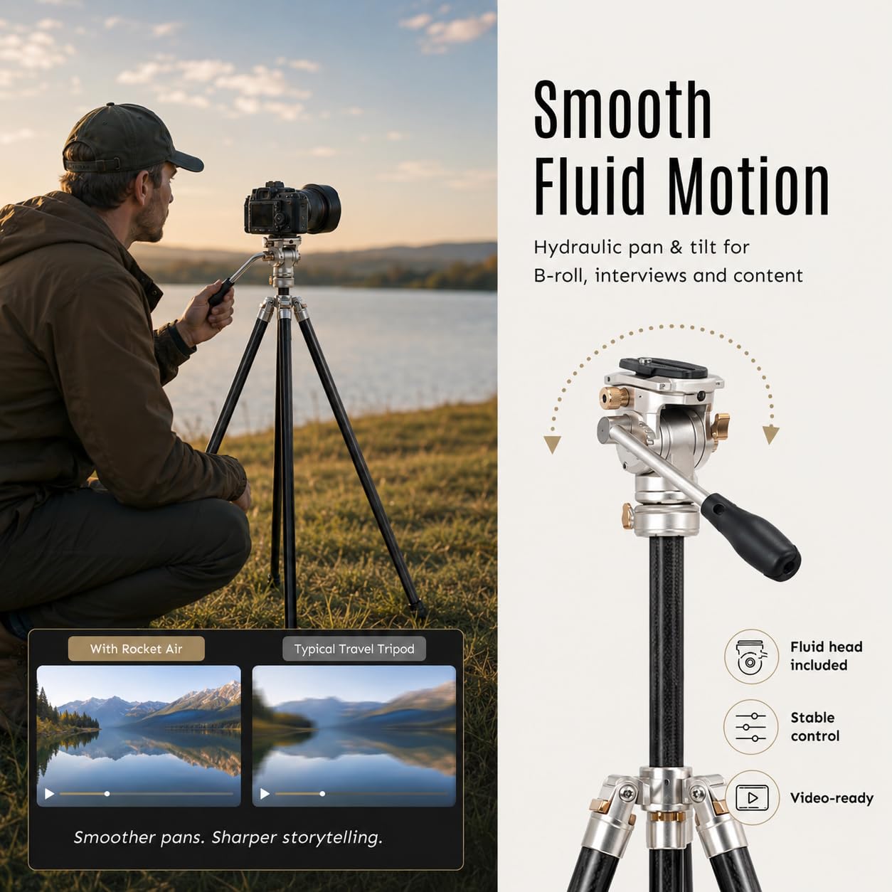 Photographer at a lake using the Harlowe Rocket Air fluid head for smooth pans, with a hydraulic pan-and-tilt diagram and a side-by-side footage comparison.