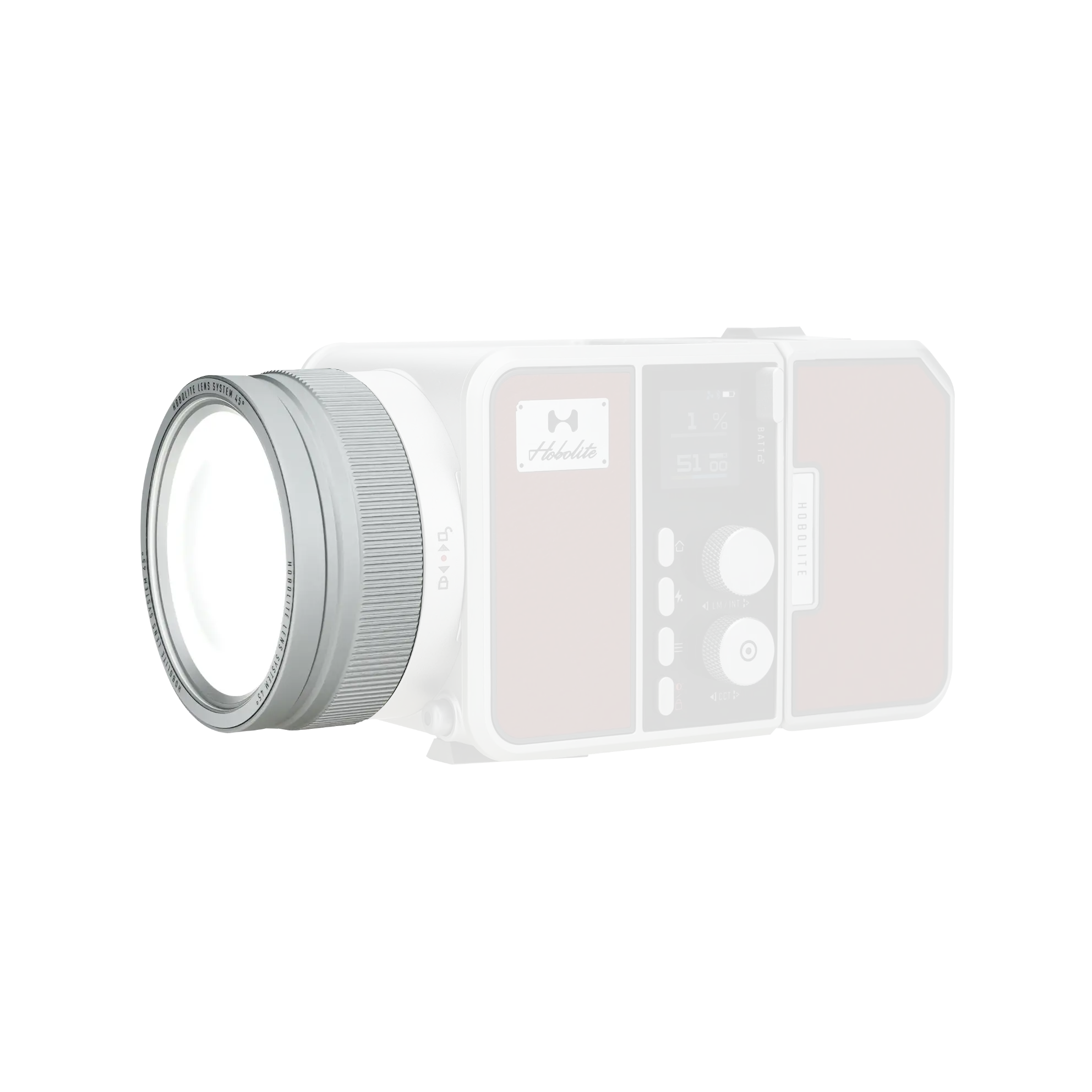 Silver Hobolite Avant Max 45 degree lens with magnetic mount attached to Avant light for product showcase.