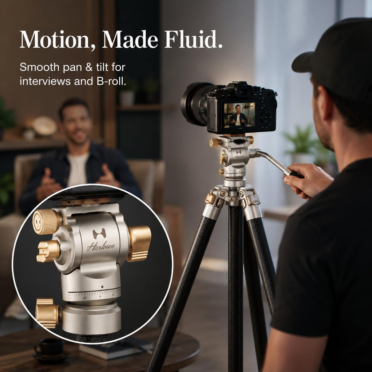 Videographer filming an indoor interview on the Harlowe Rocket Air, with a close-up of the fluid head's pan scale and locking knobs.