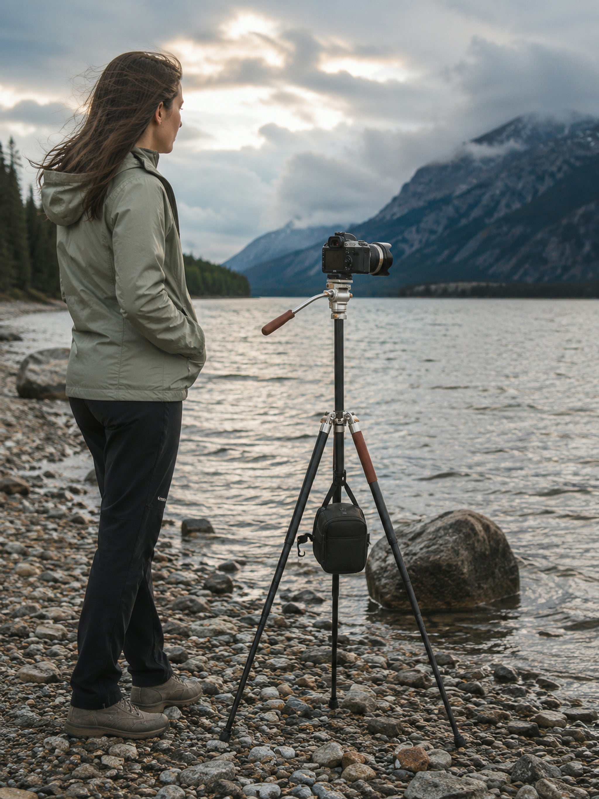 A woman stands on a pebble shoreline by a lake, facing a camera mounted on a tripod. Mountains and cloudy sky are visible in the background.
