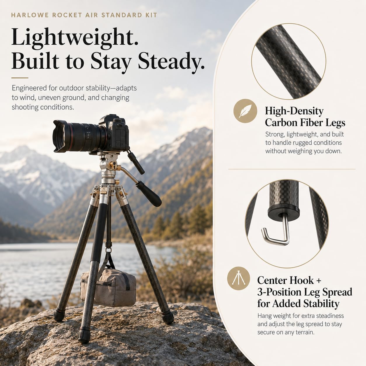 Harlowe Rocket Air on rocky lakeside terrain with close-ups of its high-density carbon fiber legs and center hook plus 3-position leg spread for added stability.