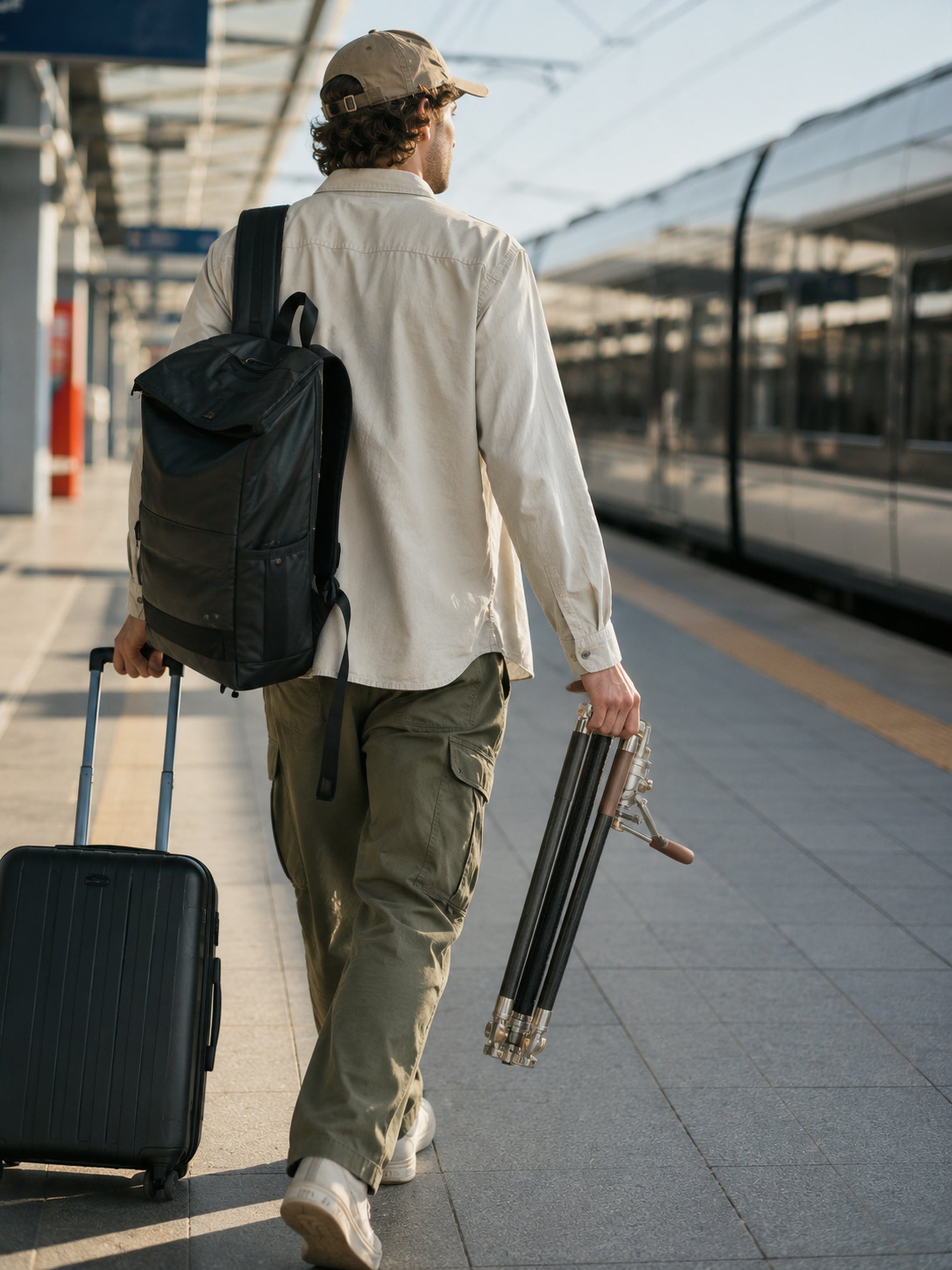 A man walking on a train platform from behind, wearing a beige cap, a cream long-sleeve shirt, olive cargo pants, and carrying a black backpack, a hard-shell suitcase, and a folded tripod.