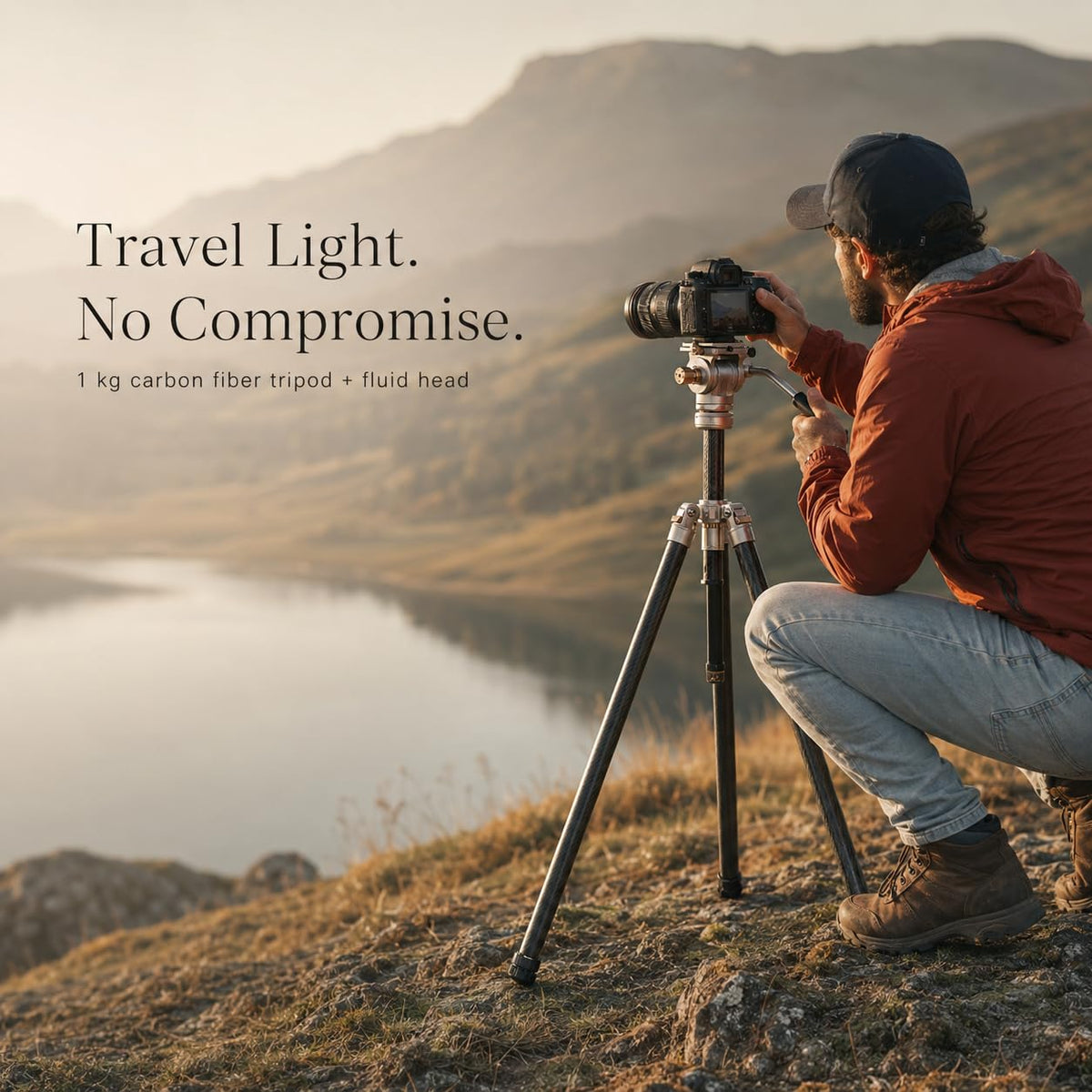 Photographer shooting a mountain lake at sunrise with the Harlowe Rocket Air, a 1 kg carbon fiber travel tripod with fluid head.