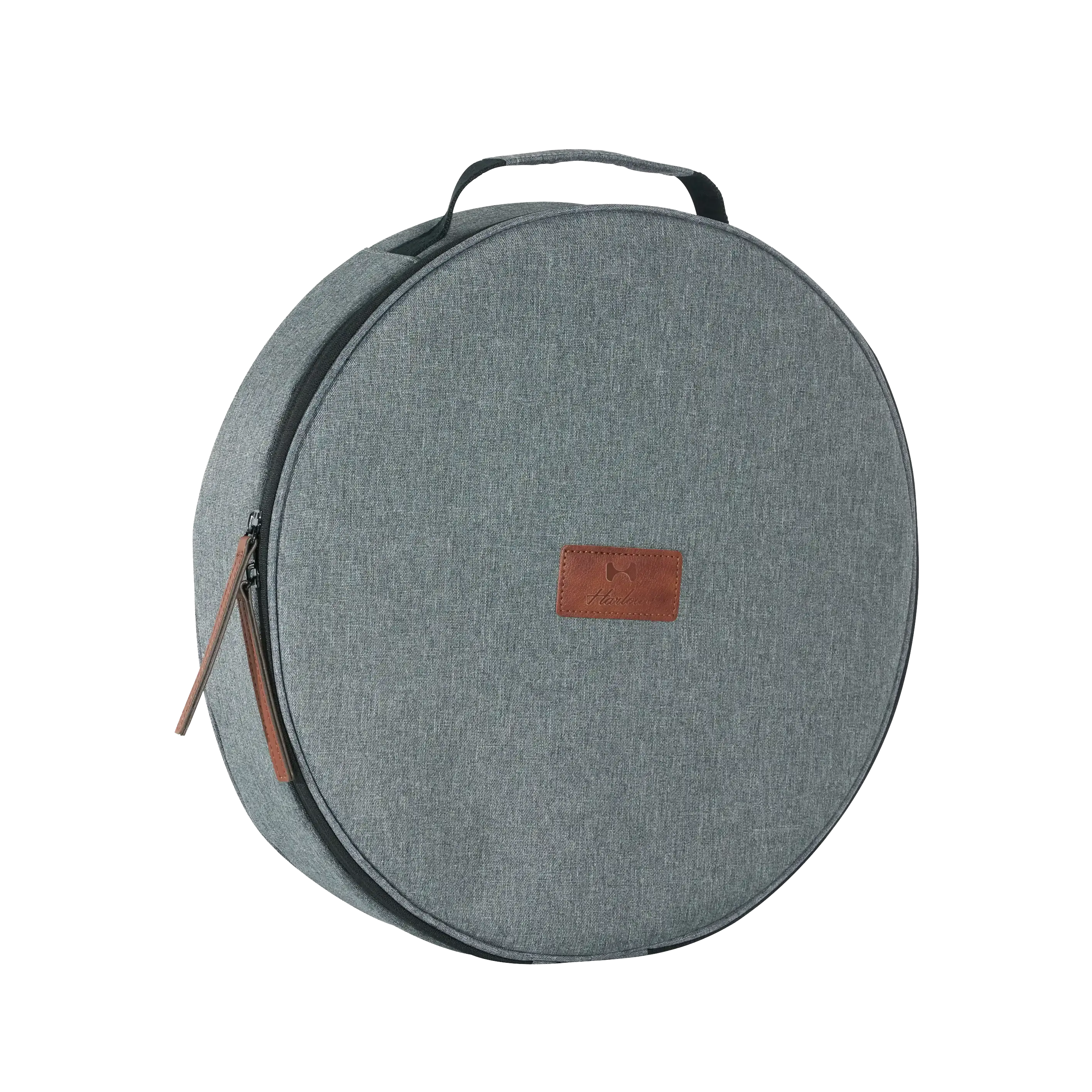Gray circular carrying bag for Harlowe 14 inch softbox, featuring textured fabric, top handle, and logo patch.