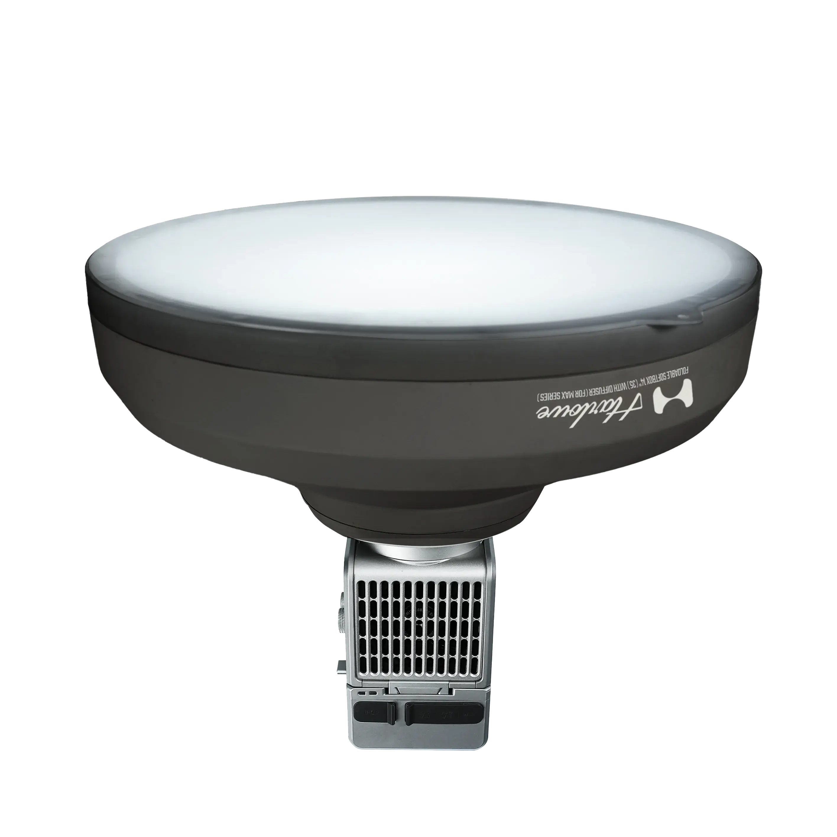 Harlowe 14 inch round softbox with diffuser attached to Hobolite Max light, showcasing magnetic mount.