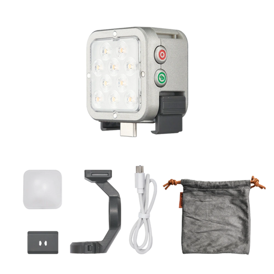 Harlowe Atom light kit with diffuser, plate, bracket, USB-C cable and grey pouch