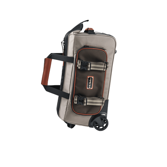 Harlowe Emerson Carry-On Gear Roller Case in taupe with brown front pocket, buckle straps and leather handle