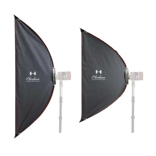 Harlowe 1x4ft and 2x3ft quick release softboxes with Bowens mount adapters and light stands.