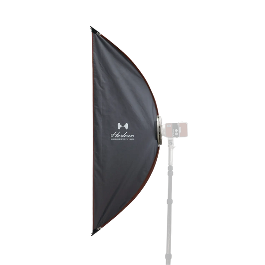 Harlowe 1x4ft softbox with Bowens mount on a lighting stand for product photography.