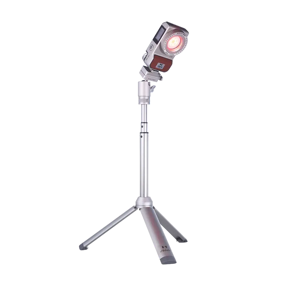Harlowe Iris 5W Spectra LED light on silver telescopic tripod with pivoting head for content creation lighting.