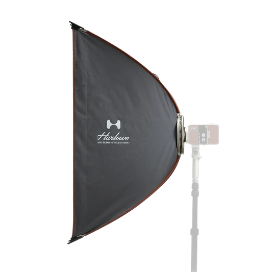 Harlowe 2x3ft rectangular softbox with Bowens mount on light stand, showcasing quick-release attachment.