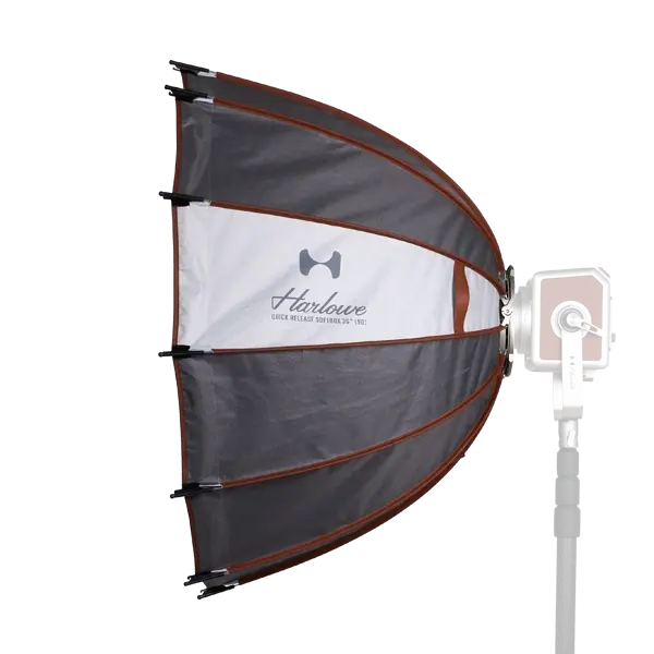 Harlowe 36 in quick release softbox with Bowens mount adapter on light stand, studio photography modifier.