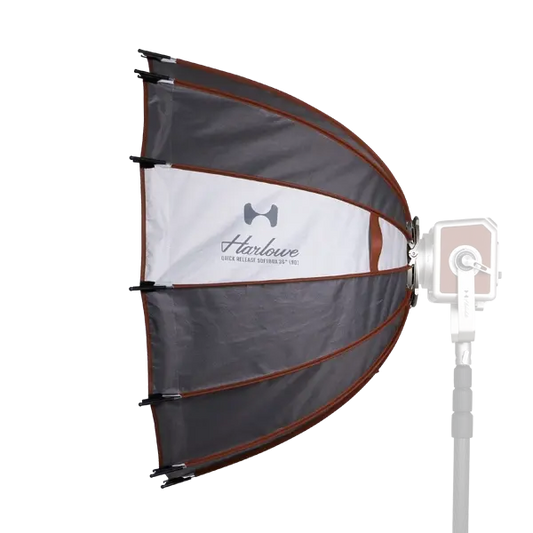 Harlowe 36 in quick release softbox with Bowens mount adapter on light stand, studio photography modifier.
