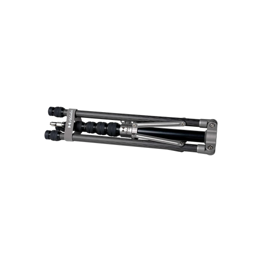 Hobolite carbon fiber tripod light stand folded compactly, legs secured with a branded strap