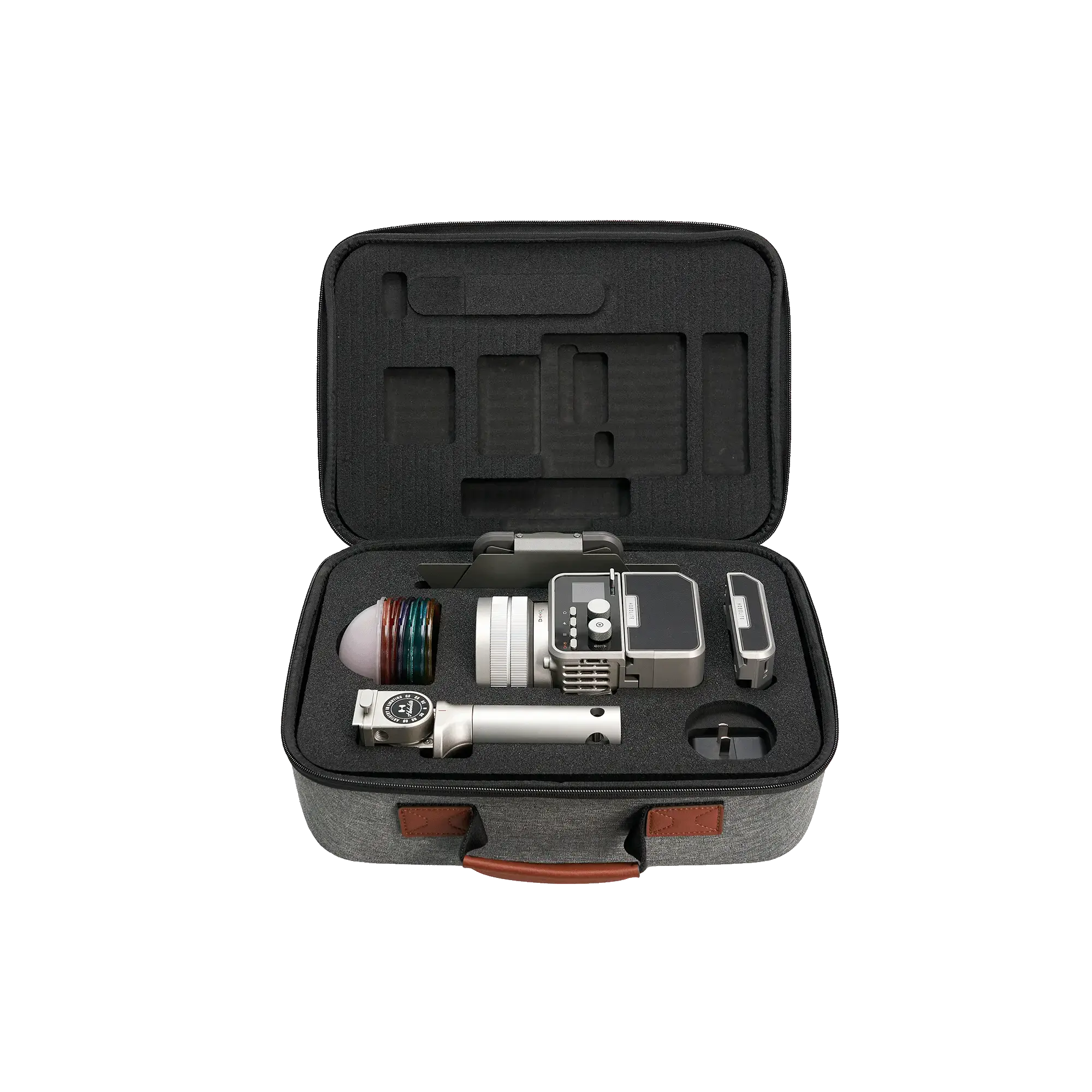 Harlowe Max 40W Creator Kit case open with silver light, filters, arm, and accessories in custom foam.