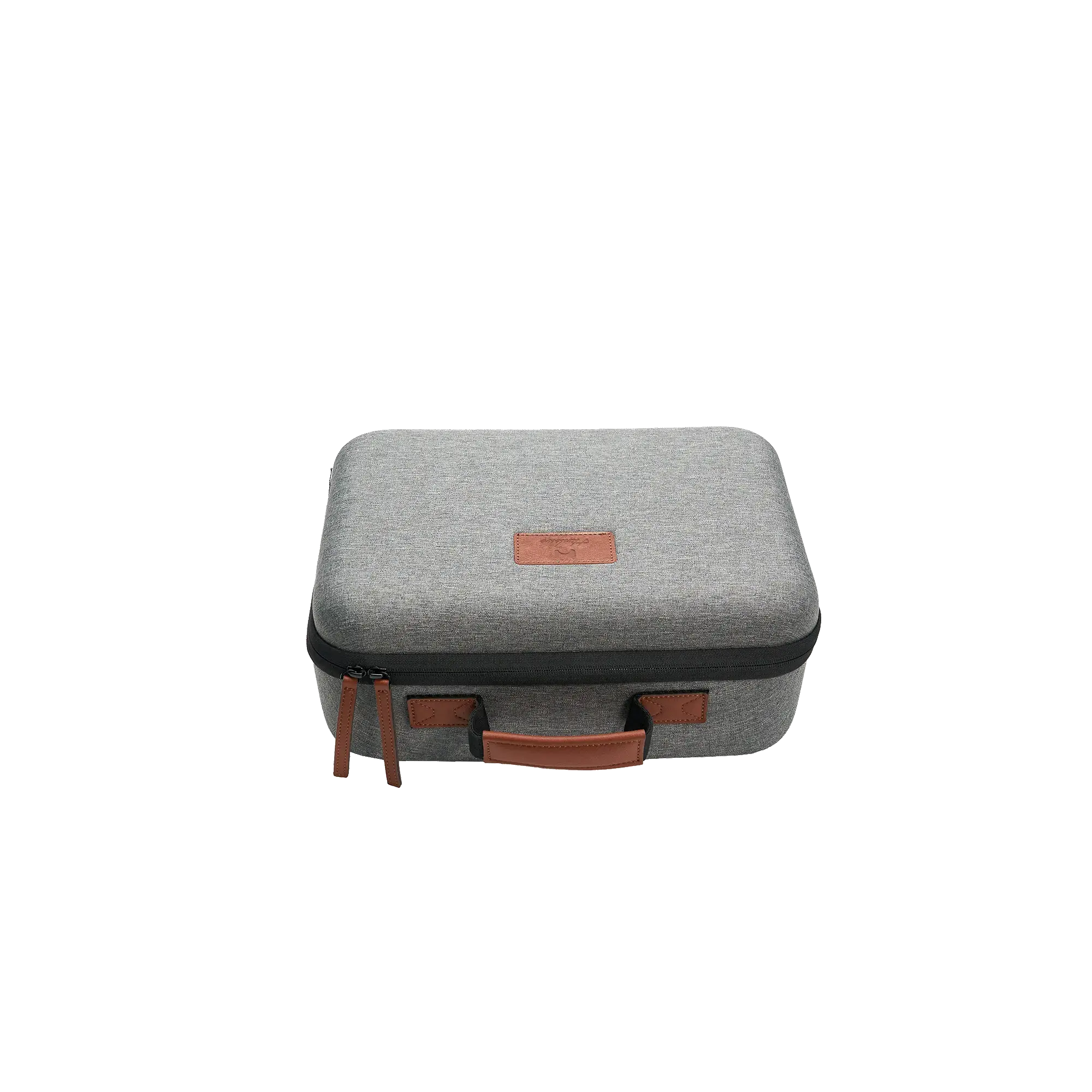 Harlowe Max 40W Creator Kit case in grey textured fabric with brown leather handle and logo patch.