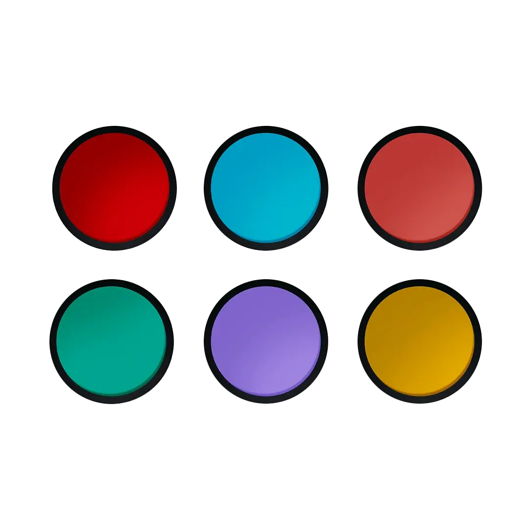 Harlowe Gobo Six Color Gels set including red, teal, red, green, purple, and yellow glass filters.