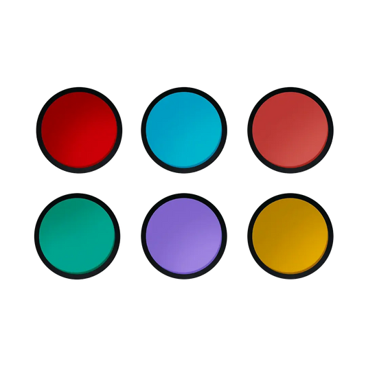 Harlowe Gobo Six Color Gels set including red, teal, red, green, purple, and yellow glass filters.